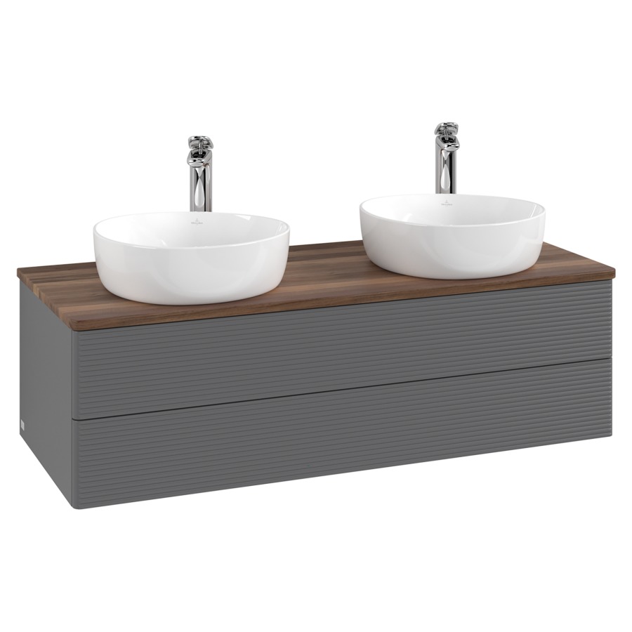 Élément inférieur  Antao
120 x 36 x 50 cm
élément de tiroir, 2&nbsp;tiroirs
avec siphon gain de place
avec matériel de fixation
pour 2 lavabos à poser 101037/101038/234182
recouvrement Warm Walnut, avec trou pour robinet
