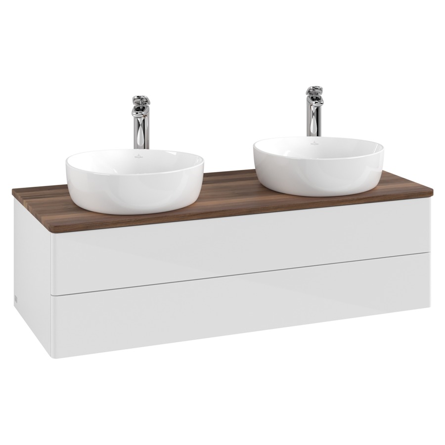 Élément inférieur  Antao
120 x 36 x 50 cm
élément de tiroir, 2&nbsp;tiroirs
avec siphon gain de place
avec matériel de fixation
pour 2 lavabos à poser 101037/101038/234182
recouvrement Warm Walnut, avec trou pour robinet