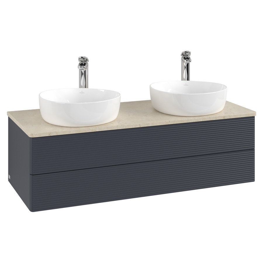 Élément inférieur  Antao
120 x 36 x 50 cm
élément de tiroir, 2&nbsp;tiroirs
avec siphon gain de place
avec matériel de fixation
pour 2 lavabos à poser 101037/101038/234182
recouvrement Botticino, avec trou pour robinet
