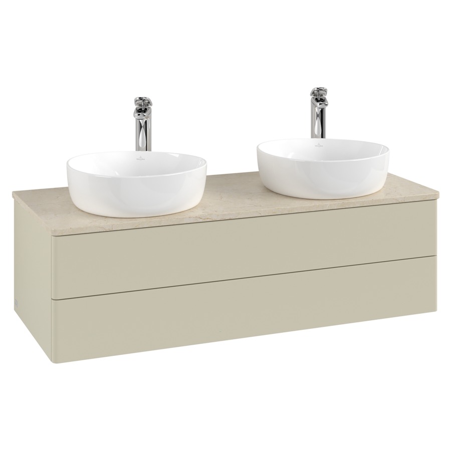 Élément inférieur  Antao
120 x 36 x 50 cm
élément de tiroir, 2&nbsp;tiroirs
avec siphon gain de place
avec matériel de fixation
pour 2 lavabos à poser 101037/101038/234182
recouvrement Botticino, avec trou pour robinet