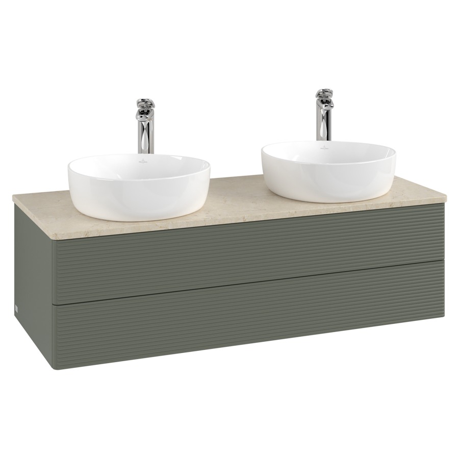 Élément inférieur  Antao
120 x 36 x 50 cm
élément de tiroir, 2&nbsp;tiroirs
avec siphon gain de place
avec matériel de fixation
pour 2 lavabos à poser 101037/101038/234182
recouvrement Botticino, avec trou pour robinet