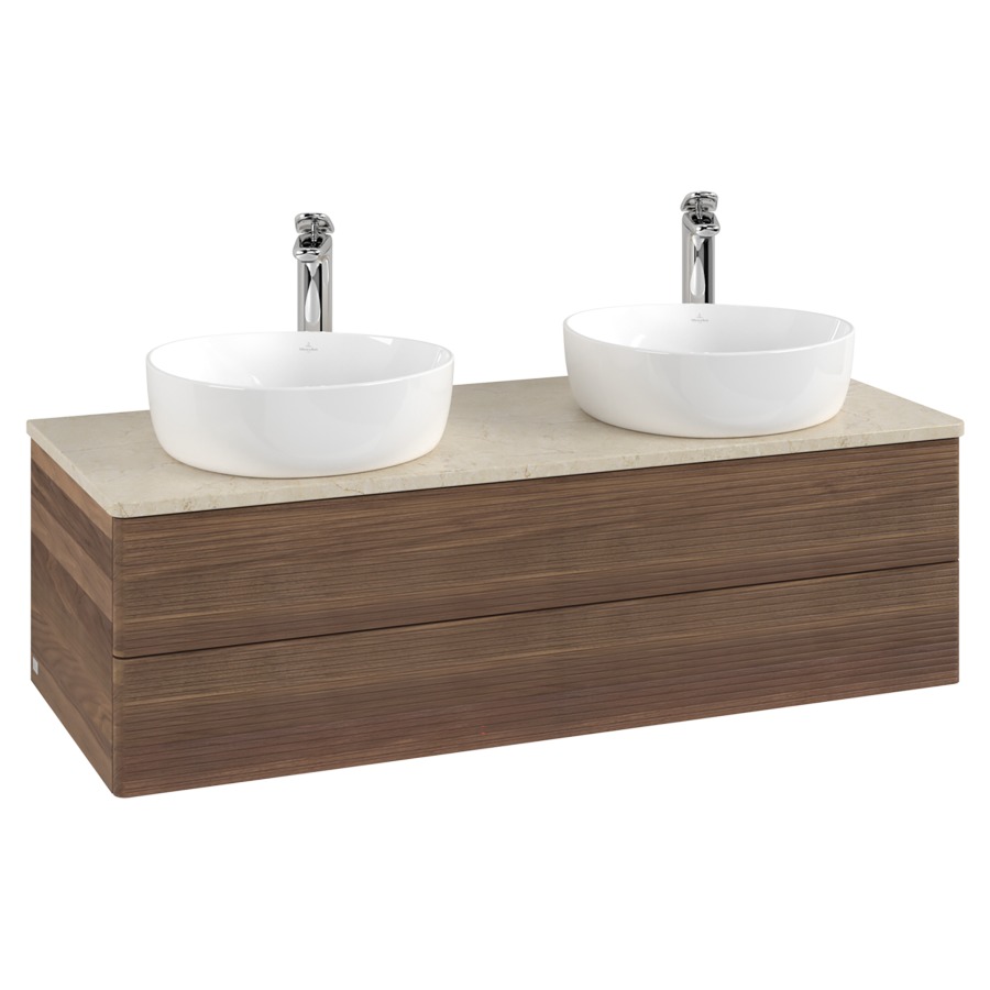 Élément inférieur  Antao
120 x 36 x 50 cm
élément de tiroir, 2&nbsp;tiroirs
avec siphon gain de place
avec matériel de fixation
pour 2 lavabos à poser 101037/101038/234182
recouvrement Botticino, avec trou pour robinet