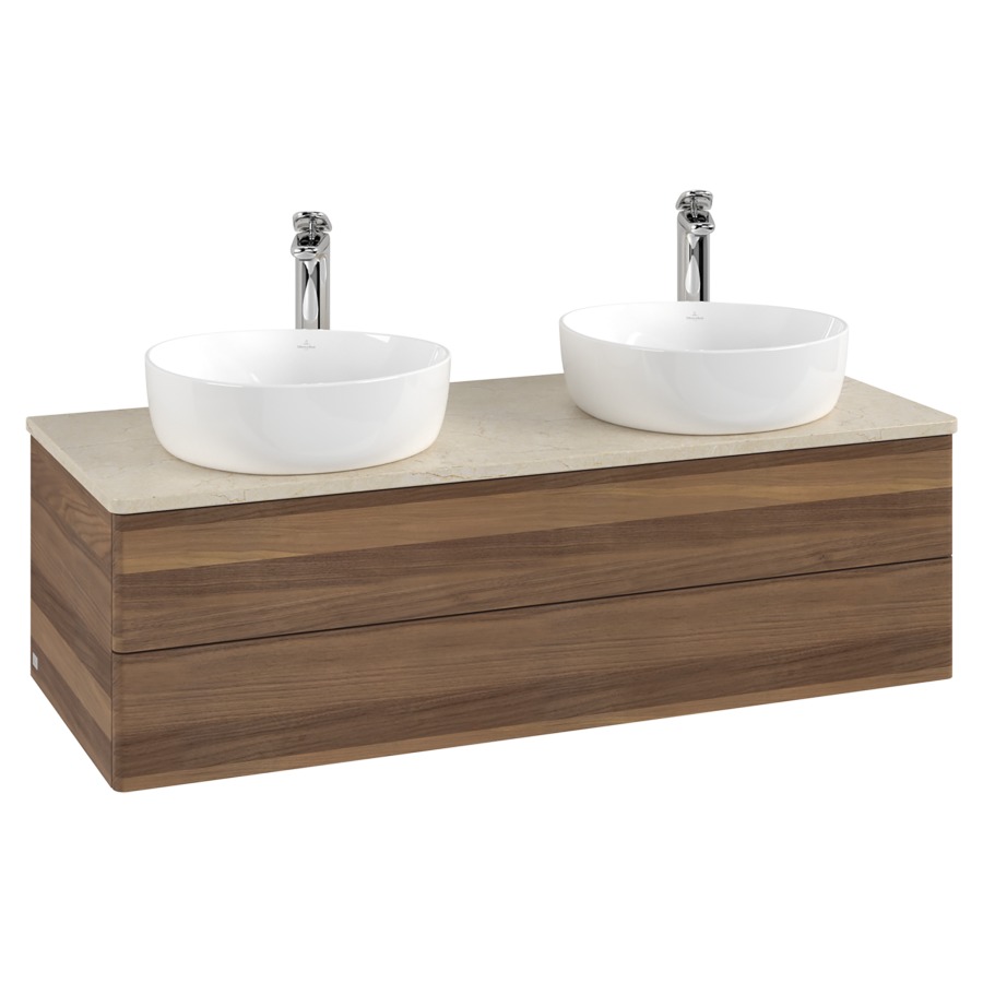 Élément inférieur  Antao
120 x 36 x 50 cm
élément de tiroir, 2&nbsp;tiroirs
avec siphon gain de place
avec matériel de fixation
pour 2 lavabos à poser 101037/101038/234182
recouvrement Botticino, avec trou pour robinet