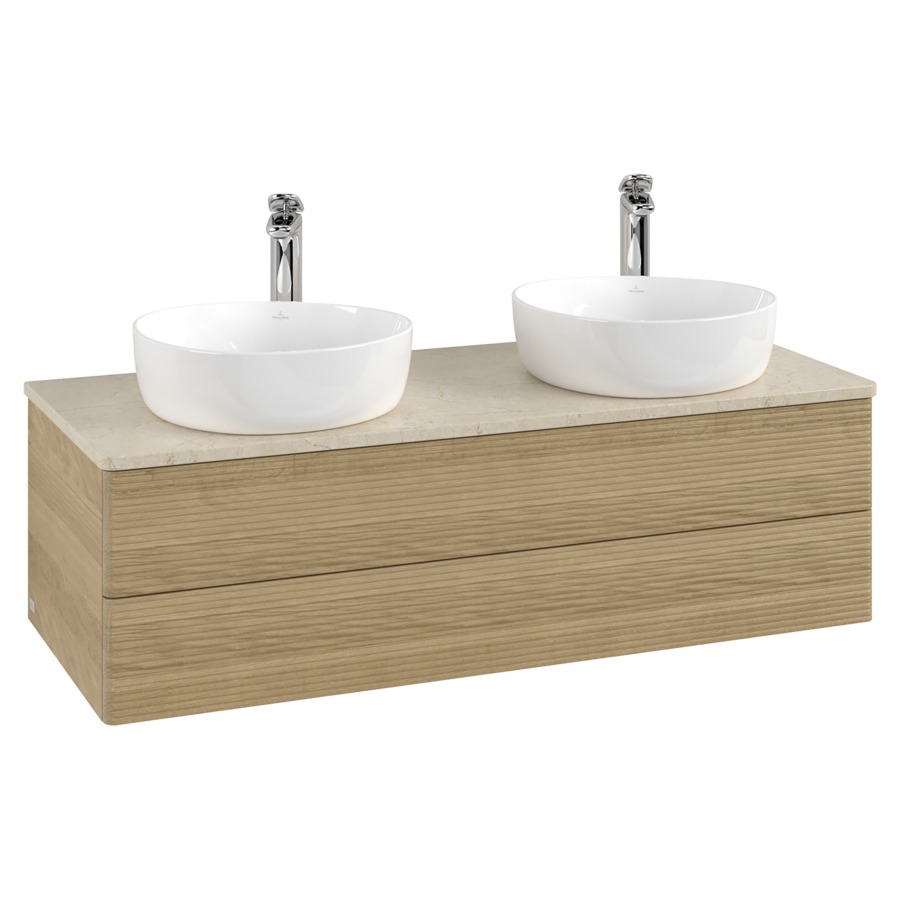 Élément inférieur  Antao
120 x 36 x 50 cm
élément de tiroir, 2&nbsp;tiroirs
avec siphon gain de place
avec matériel de fixation
pour 2 lavabos à poser 101037/101038/234182
recouvrement Botticino, avec trou pour robinet
