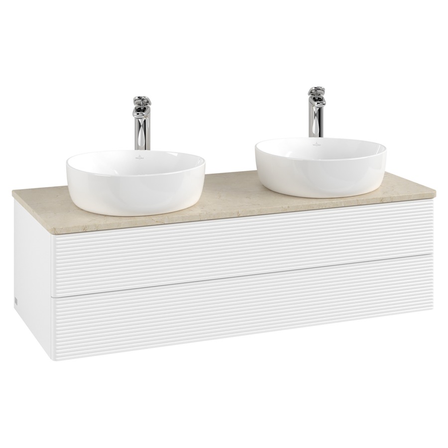 Élément inférieur  Antao
120 x 36 x 50 cm
élément de tiroir, 2&nbsp;tiroirs
avec siphon gain de place
avec matériel de fixation
pour 2 lavabos à poser 101037/101038/234182
recouvrement Botticino, avec trou pour robinet