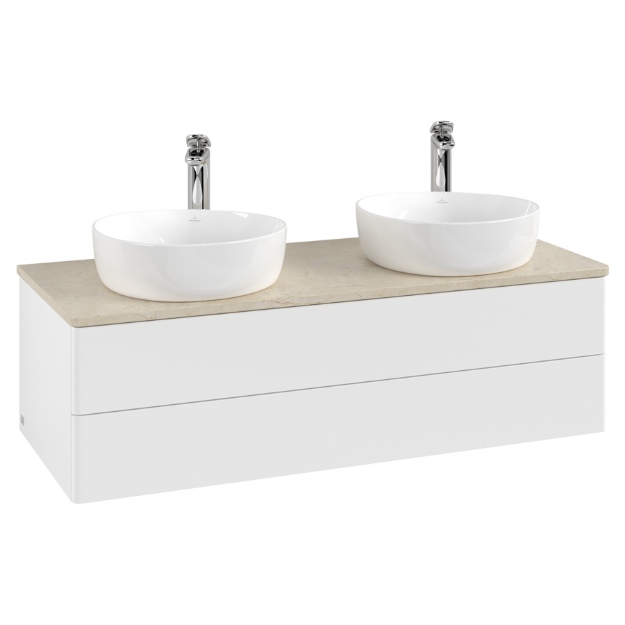 Élément inférieur  Antao
120 x 36 x 50 cm
élément de tiroir, 2&nbsp;tiroirs
avec siphon gain de place
avec matériel de fixation
pour 2 lavabos à poser 101037/101038/234182
recouvrement Botticino, avec trou pour robinet