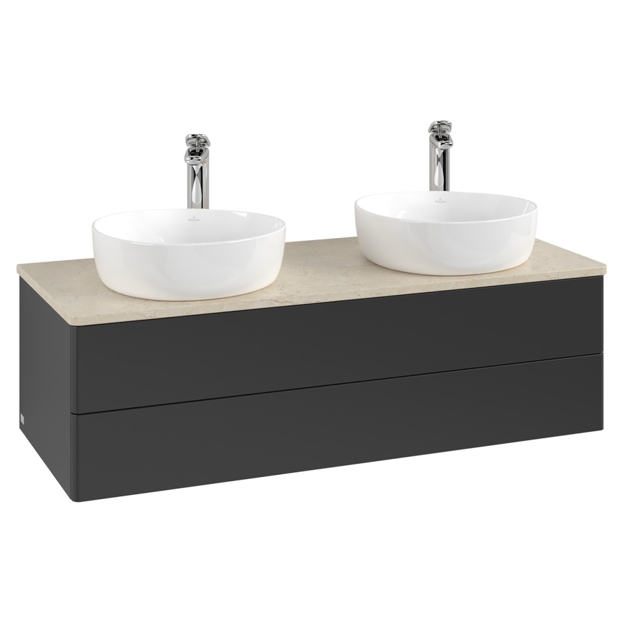 Élément inférieur  Antao
120 x 36 x 50 cm
élément de tiroir, 2&nbsp;tiroirs
avec siphon gain de place
avec matériel de fixation
pour 2 lavabos à poser 101037/101038/234182
recouvrement Botticino, avec trou pour robinet