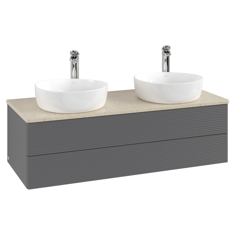 Élément inférieur  Antao
120 x 36 x 50 cm
élément de tiroir, 2&nbsp;tiroirs
avec siphon gain de place
avec matériel de fixation
pour 2 lavabos à poser 101037/101038/234182
recouvrement Botticino, avec trou pour robinet