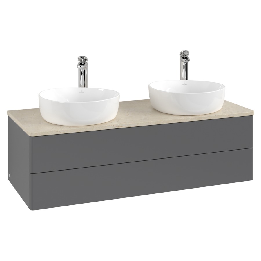 Élément inférieur  Antao
120 x 36 x 50 cm
élément de tiroir, 2&nbsp;tiroirs
avec siphon gain de place
avec matériel de fixation
pour 2 lavabos à poser 101037/101038/234182
recouvrement Botticino, avec trou pour robinet