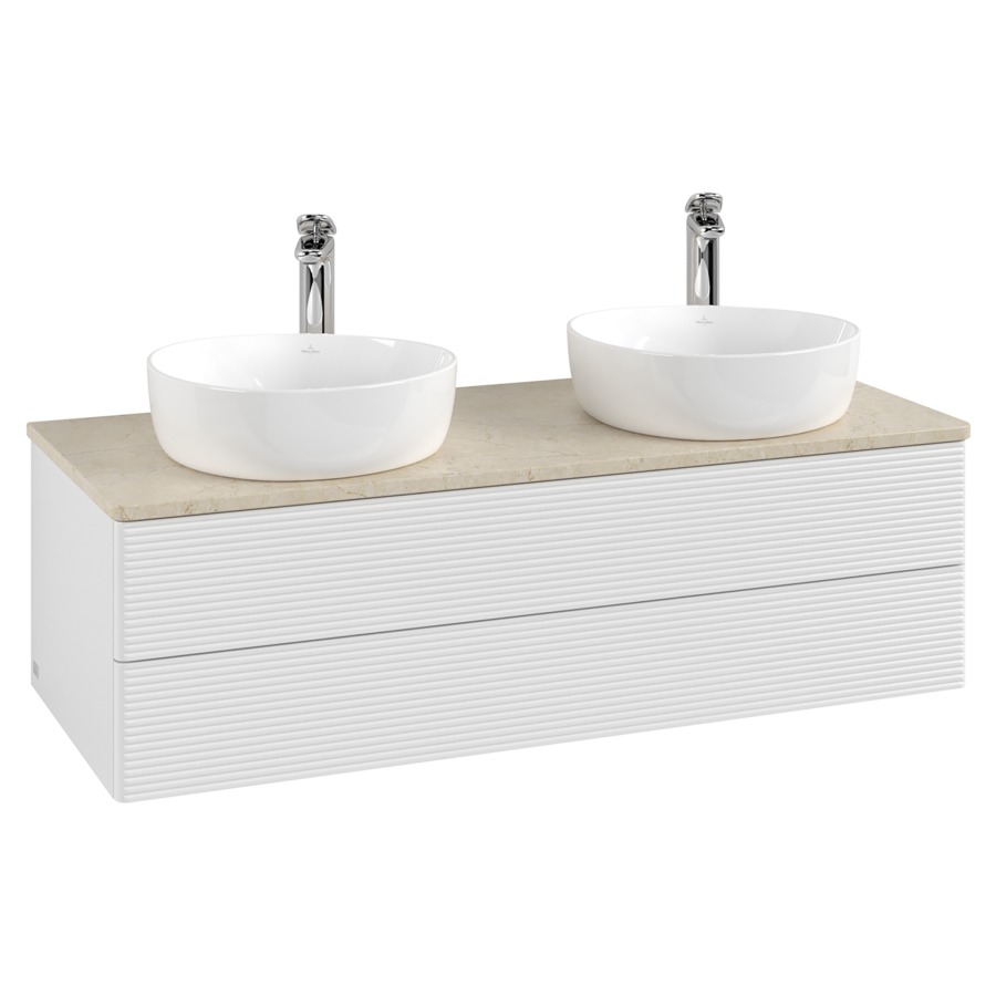 Élément inférieur  Antao
120 x 36 x 50 cm
élément de tiroir, 2&nbsp;tiroirs
avec siphon gain de place
avec matériel de fixation
pour 2 lavabos à poser 101037/101038/234182
recouvrement Botticino, avec trou pour robinet
