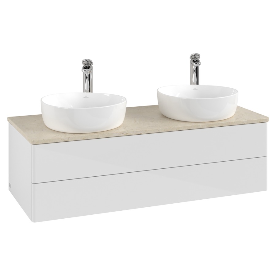 Élément inférieur  Antao
120 x 36 x 50 cm
élément de tiroir, 2&nbsp;tiroirs
avec siphon gain de place
avec matériel de fixation
pour 2 lavabos à poser 101037/101038/234182
recouvrement Botticino, avec trou pour robinet