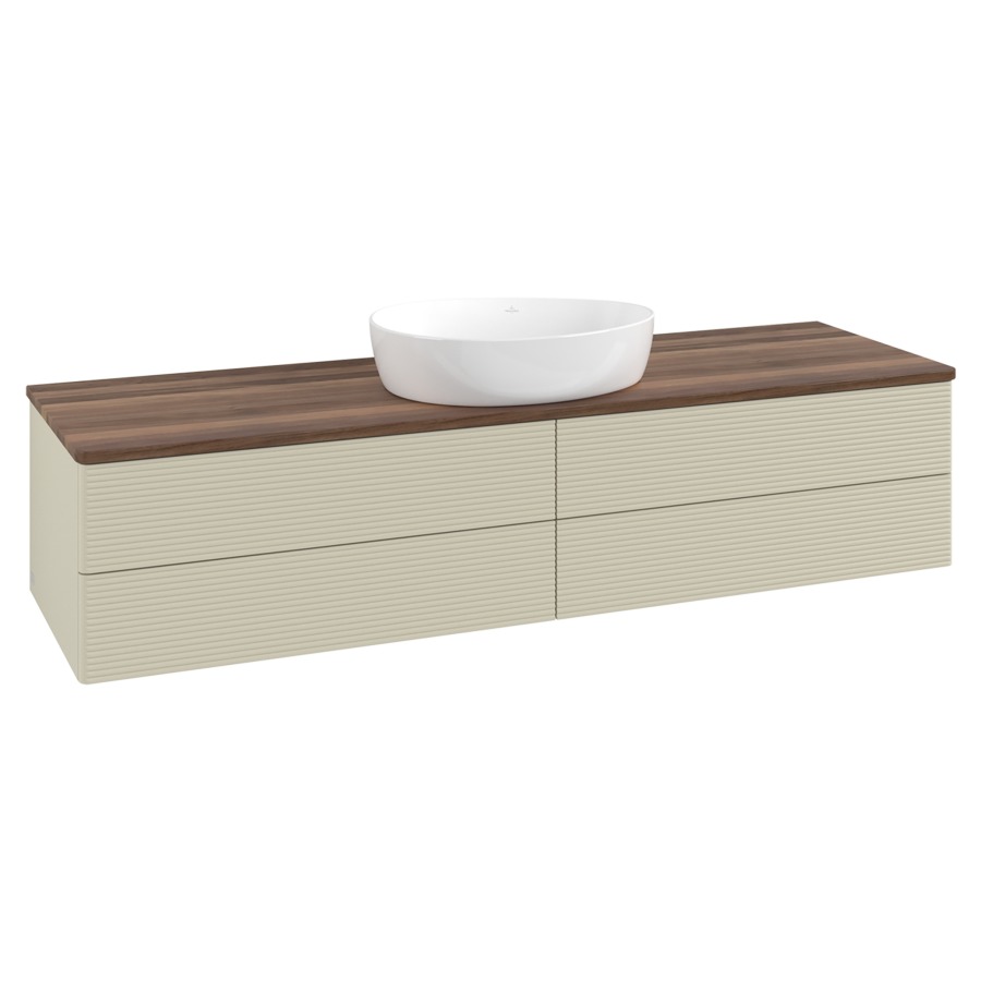 Élément inférieur  Antao
160 x 36 x 50 cm
2&nbsp;éléments de tiroir, 2&nbsp;tiroirs chacune
avec siphon gain de place
avec matériel de fixation
pour 1 lavabo à poser 234171/234172/234173
recouvrement Warm Walnut
sans trou pour robinet