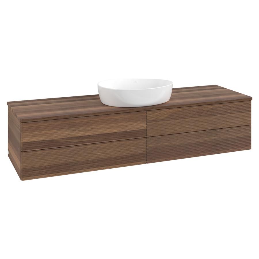 Élément inférieur  Antao
160 x 36 x 50 cm
2&nbsp;éléments de tiroir, 2&nbsp;tiroirs chacune
avec siphon gain de place
avec matériel de fixation
pour 1 lavabo à poser 234171/234172/234173
recouvrement Warm Walnut
sans trou pour robinet