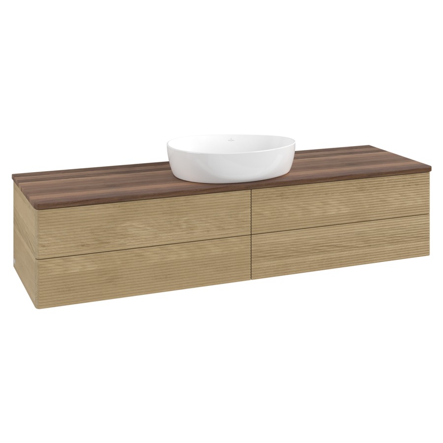 Élément inférieur  Antao
160 x 36 x 50 cm
2&nbsp;éléments de tiroir, 2&nbsp;tiroirs chacune
avec siphon gain de place
avec matériel de fixation
pour 1 lavabo à poser 234171/234172/234173
recouvrement Warm Walnut
sans trou pour robinet