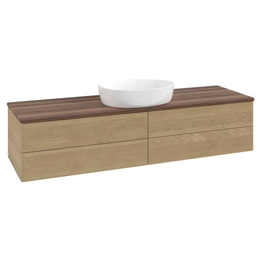 Élément inférieur  Antao
160 x 36 x 50 cm
2&nbsp;éléments de tiroir, 2&nbsp;tiroirs chacune
avec siphon gain de place
avec matériel de fixation
pour 1 lavabo à poser 234171/234172/234173
recouvrement Warm Walnut
sans trou pour robinet