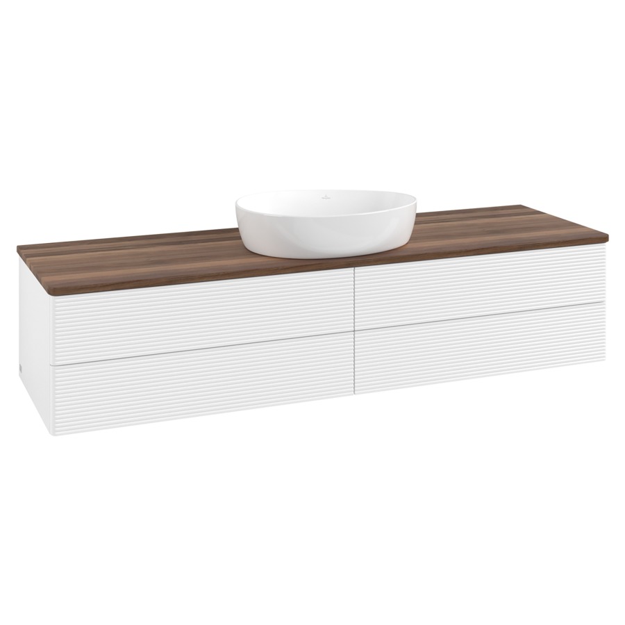 Élément inférieur  Antao
160 x 36 x 50 cm
2&nbsp;éléments de tiroir, 2&nbsp;tiroirs chacune
avec siphon gain de place
avec matériel de fixation
pour 1 lavabo à poser 234171/234172/234173
recouvrement Warm Walnut
sans trou pour robinet