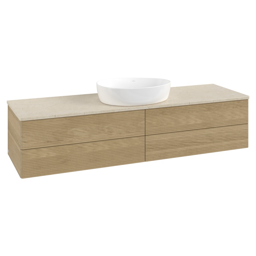 Élément inférieur  Antao
160 x 36 x 50 cm
2&nbsp;éléments de tiroir, 2&nbsp;tiroirs chacune
avec siphon gain de place
avec matériel de fixation
pour 1 lavabo à poser 234171/234172/234173
recouvrement Botticino
sans trou pour robinet