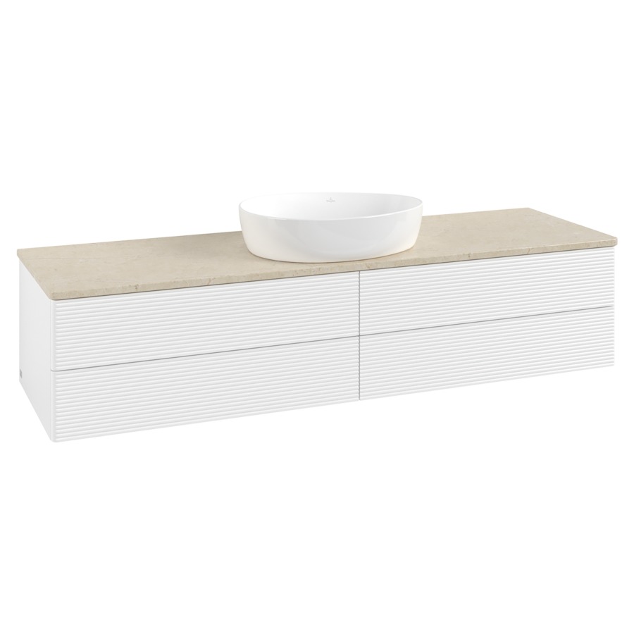 Élément inférieur  Antao
160 x 36 x 50 cm
2&nbsp;éléments de tiroir, 2&nbsp;tiroirs chacune
avec siphon gain de place
avec matériel de fixation
pour 1 lavabo à poser 234171/234172/234173
recouvrement Botticino
sans trou pour robinet