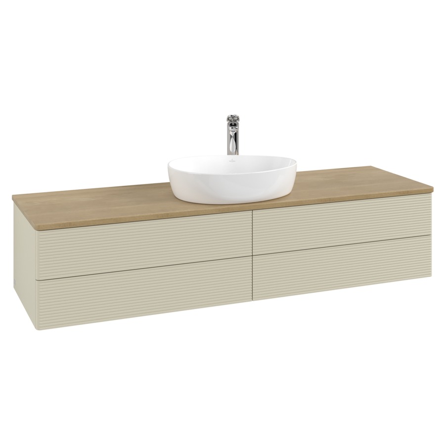 Élément inférieur  Antao
160 x 36 x 50 cm
2&nbsp;éléments de tiroir, 2&nbsp;tiroirs chacune
avec siphon gain de place
avec matériel de fixation
pour 1 lavabo à poser 101037/101039/234171
recouvrement Honey Oak, 1 trou pour robinet