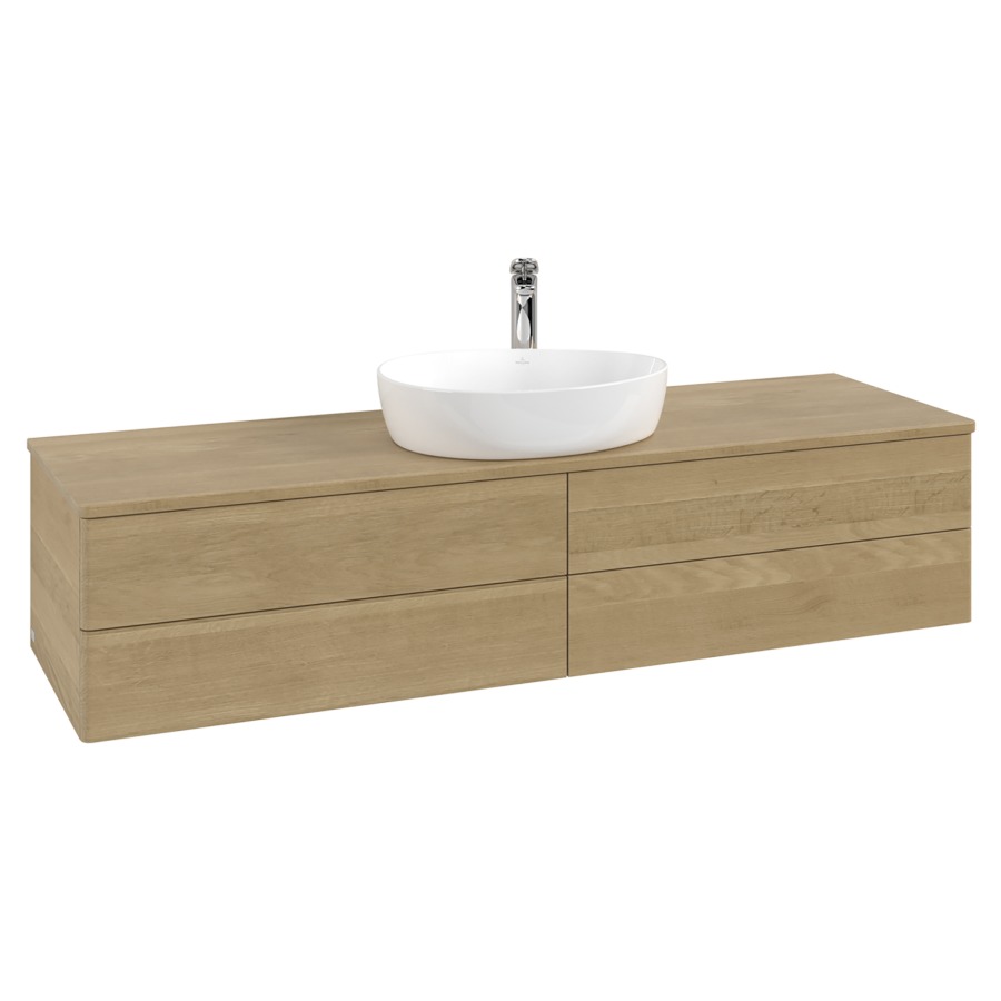 Élément inférieur  Antao
160 x 36 x 50 cm
2&nbsp;éléments de tiroir, 2&nbsp;tiroirs chacune
avec siphon gain de place
avec matériel de fixation
pour 1 lavabo à poser 101037/101039/234171
recouvrement Honey Oak, 1 trou pour robinet