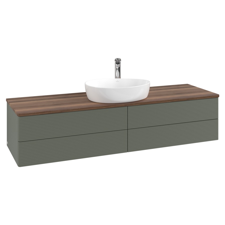 Élément inférieur  Antao
160 x 36 x 50 cm
2&nbsp;éléments de tiroir, 2&nbsp;tiroirs chacune
avec siphon gain de place
avec matériel de fixation
pour 1 lavabo à poser 101037/101039/234171
recouvrement Warm Walnut, 1 trou pour robinet