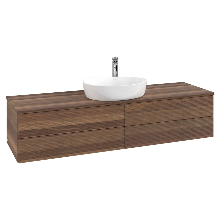 Élément inférieur  Antao
160 x 36 x 50 cm
2&nbsp;éléments de tiroir, 2&nbsp;tiroirs chacune
avec siphon gain de place
avec matériel de fixation
pour 1 lavabo à poser 101037/101039/234171
recouvrement Warm Walnut, 1 trou pour robinet