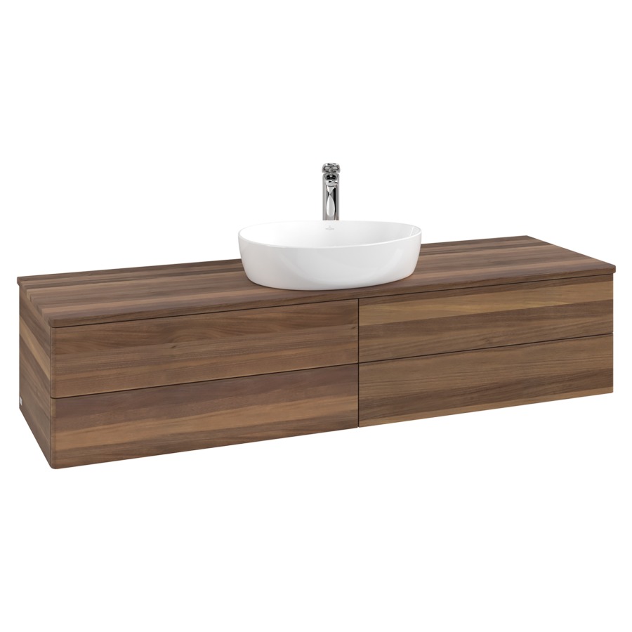 Élément inférieur  Antao
160 x 36 x 50 cm
2&nbsp;éléments de tiroir, 2&nbsp;tiroirs chacune
avec siphon gain de place
avec matériel de fixation
pour 1 lavabo à poser 101037/101039/234171
recouvrement Warm Walnut, 1 trou pour robinet