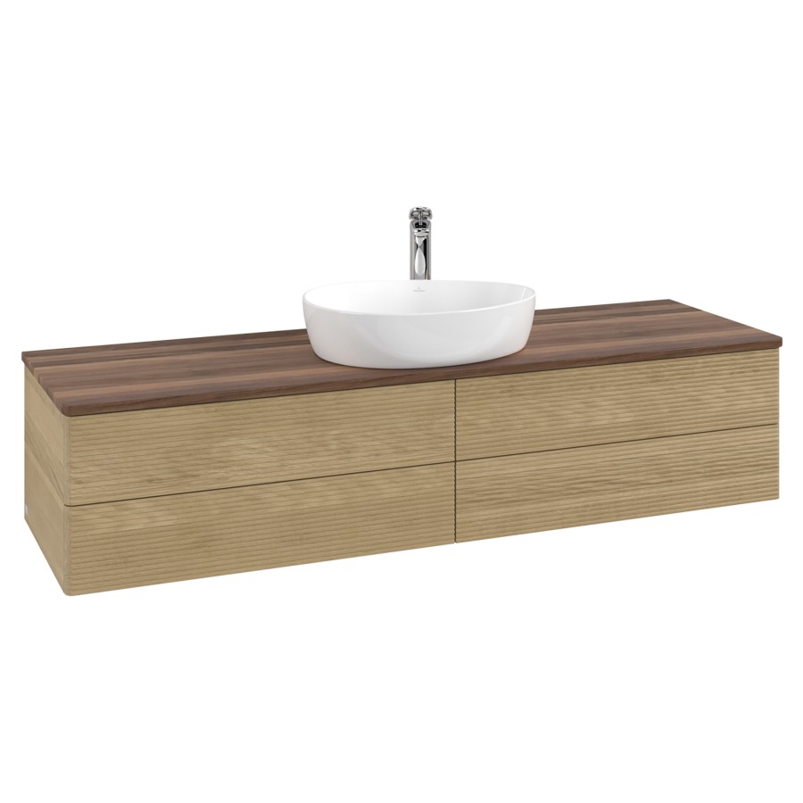 Élément inférieur  Antao
160 x 36 x 50 cm
2&nbsp;éléments de tiroir, 2&nbsp;tiroirs chacune
avec siphon gain de place
avec matériel de fixation
pour 1 lavabo à poser 101037/101039/234171
recouvrement Warm Walnut, 1 trou pour robinet