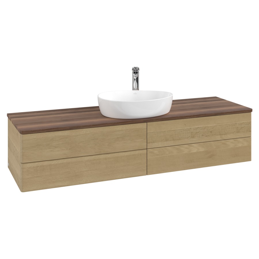 Élément inférieur  Antao
160 x 36 x 50 cm
2&nbsp;éléments de tiroir, 2&nbsp;tiroirs chacune
avec siphon gain de place
avec matériel de fixation
pour 1 lavabo à poser 101037/101039/234171
recouvrement Warm Walnut, 1 trou pour robinet