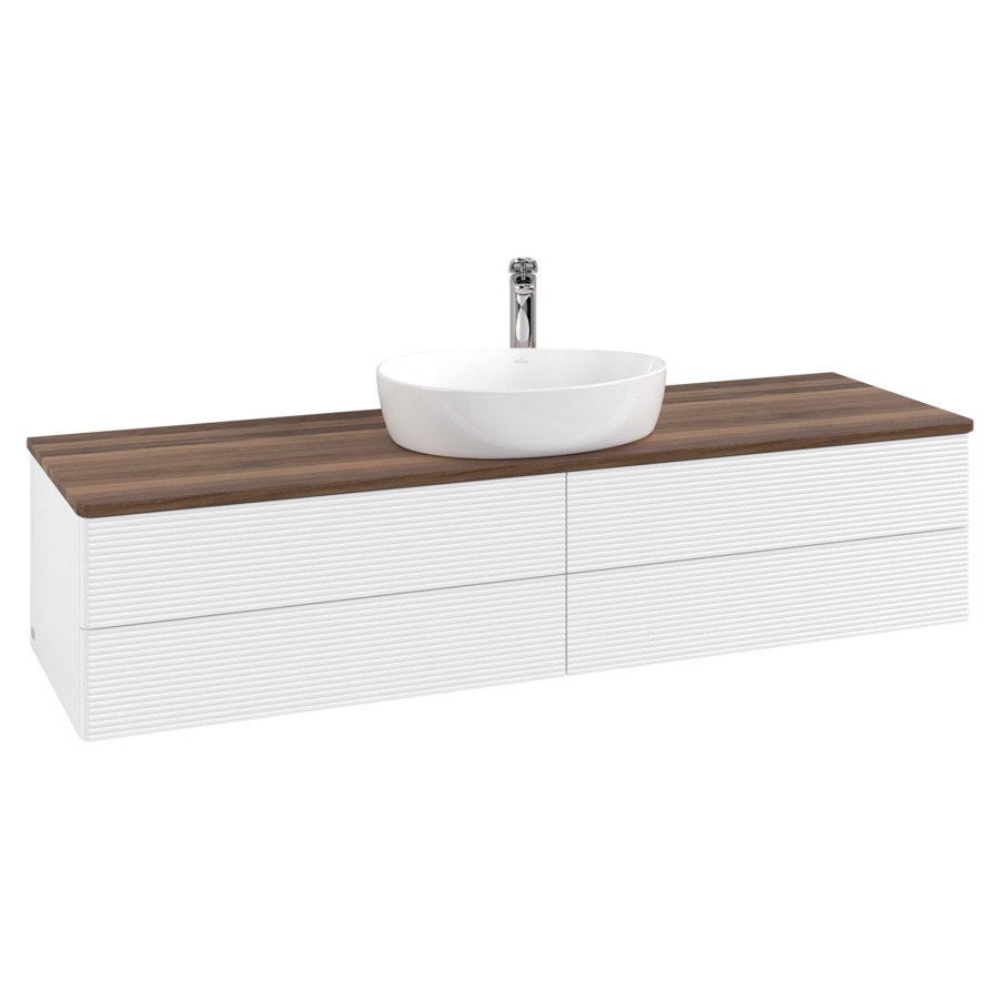 Élément inférieur  Antao
160 x 36 x 50 cm
2&nbsp;éléments de tiroir, 2&nbsp;tiroirs chacune
avec siphon gain de place
avec matériel de fixation
pour 1 lavabo à poser 101037/101039/234171
recouvrement Warm Walnut, 1 trou pour robinet