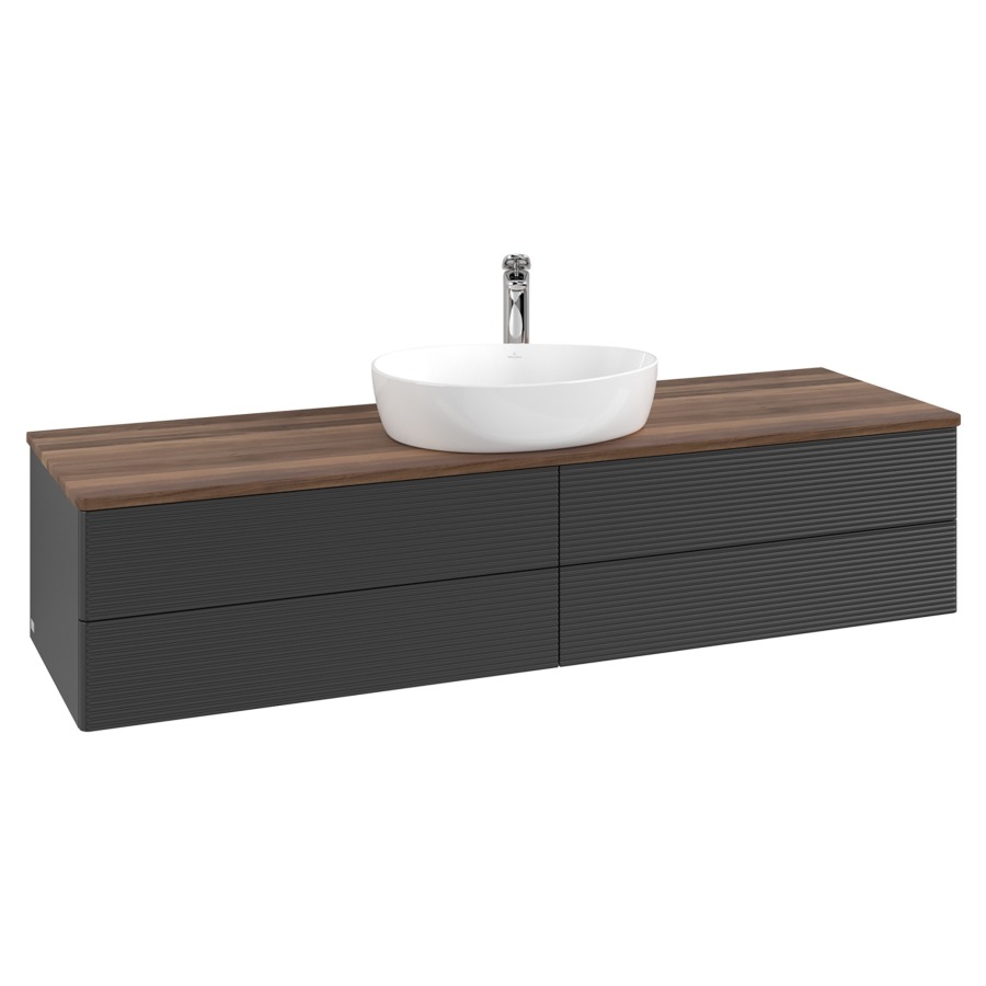 Élément inférieur  Antao
160 x 36 x 50 cm
2&nbsp;éléments de tiroir, 2&nbsp;tiroirs chacune
avec siphon gain de place
avec matériel de fixation
pour 1 lavabo à poser 101037/101039/234171
recouvrement Warm Walnut, 1 trou pour robinet