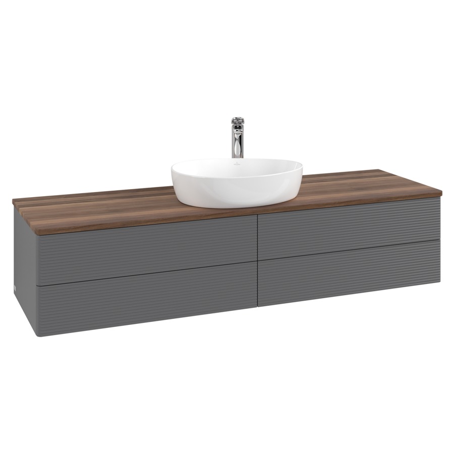 Élément inférieur  Antao
160 x 36 x 50 cm
2&nbsp;éléments de tiroir, 2&nbsp;tiroirs chacune
avec siphon gain de place
avec matériel de fixation
pour 1 lavabo à poser 101037/101039/234171
recouvrement Warm Walnut, 1 trou pour robinet