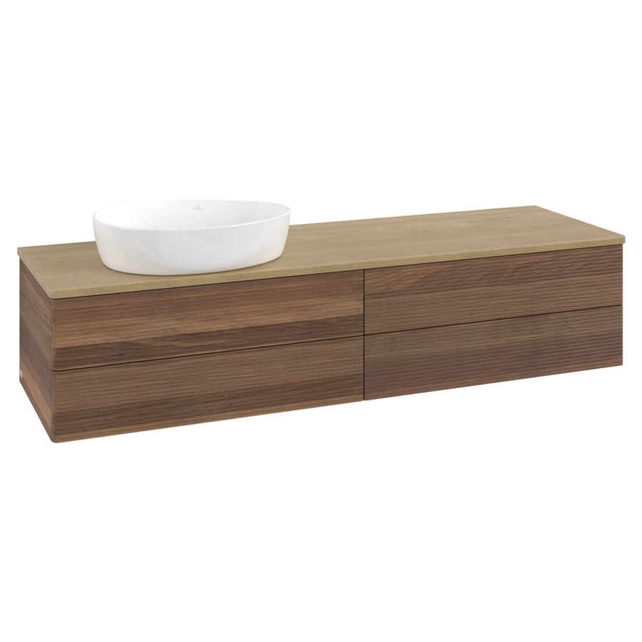 Élément inférieur  Antao
160 x 36 x 50 cm
2&nbsp;éléments de tiroir, 2&nbsp;tiroirs chacune
lavabo à gauche
avec siphon gain de place
avec matériel de fixation
pour 1 lavabo à poser 234171/234172/234173
recouvrement Honey Oak
sans trou pour robinet