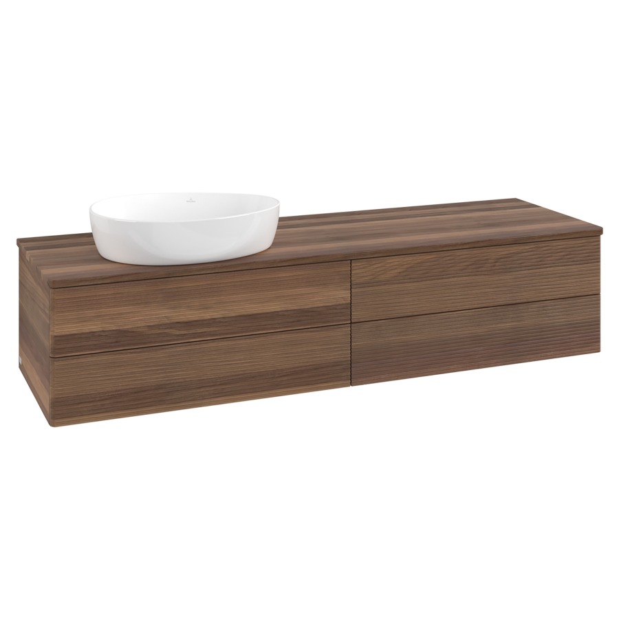 Élément inférieur  Antao
160 x 36 x 50 cm
2&nbsp;éléments de tiroir, 2&nbsp;tiroirs chacune
lavabo à gauche
avec siphon gain de place
avec matériel de fixation
pour 1 lavabo à poser 234171/234172/234173
recouvrement Warm Walnut
sans trou pour robinet