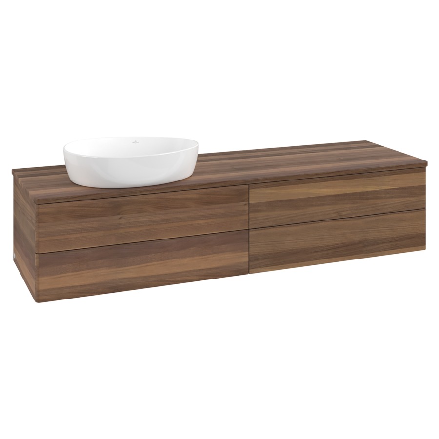Élément inférieur  Antao
160 x 36 x 50 cm
2&nbsp;éléments de tiroir, 2&nbsp;tiroirs chacune
lavabo à gauche
avec siphon gain de place
avec matériel de fixation
pour 1 lavabo à poser 234171/234172/234173
recouvrement Warm Walnut
sans trou pour robinet