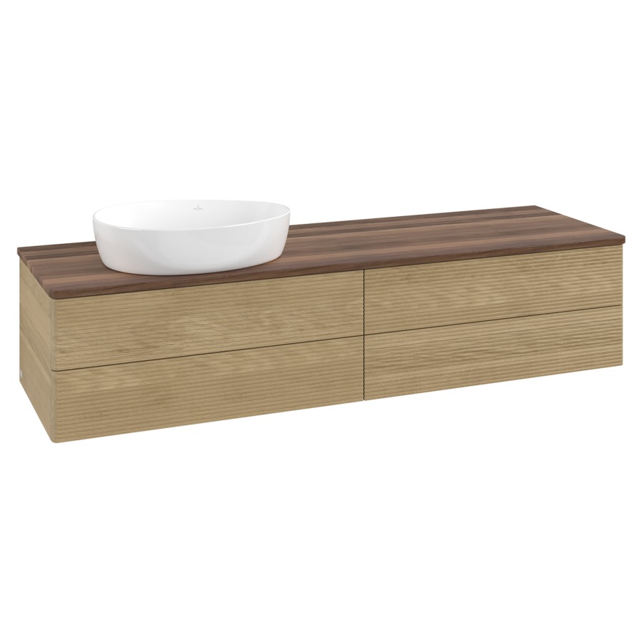 Élément inférieur  Antao
160 x 36 x 50 cm
2&nbsp;éléments de tiroir, 2&nbsp;tiroirs chacune
lavabo à gauche
avec siphon gain de place
avec matériel de fixation
pour 1 lavabo à poser 234171/234172/234173
recouvrement Warm Walnut
sans trou pour robinet