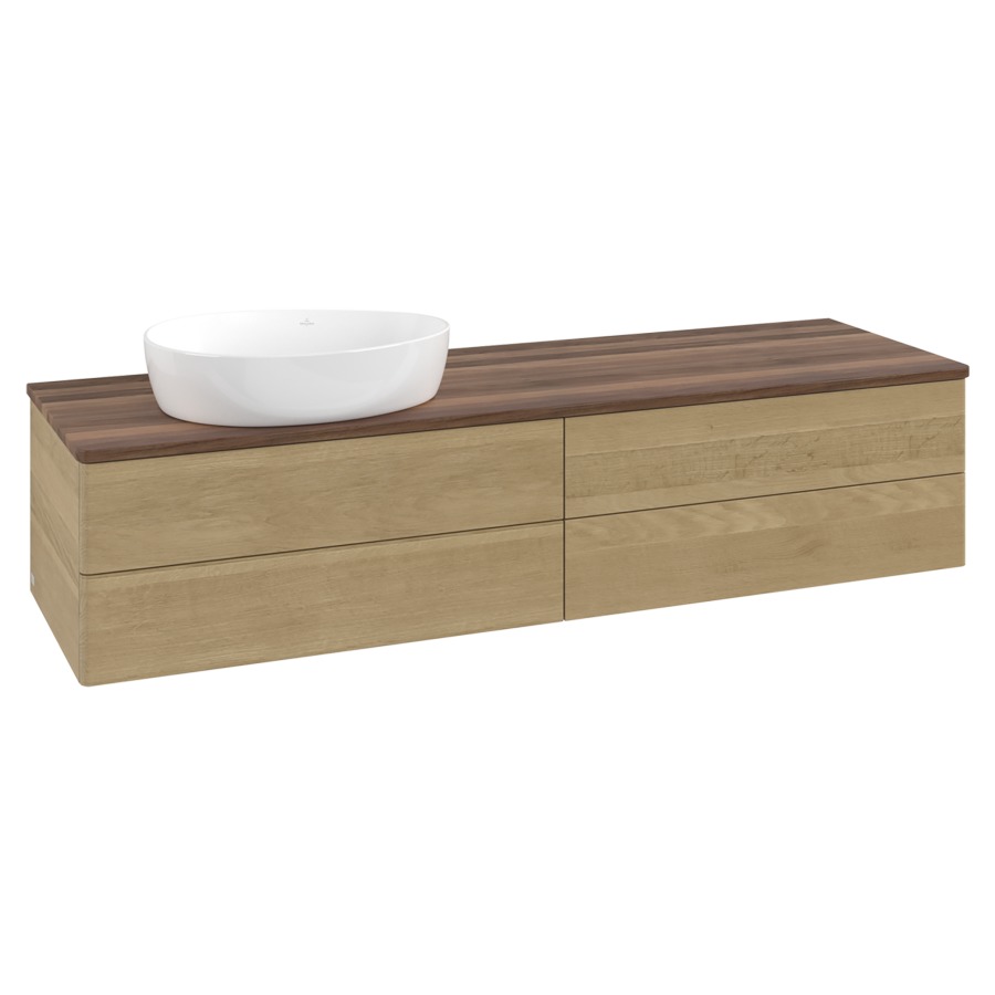 Élément inférieur  Antao
160 x 36 x 50 cm
2&nbsp;éléments de tiroir, 2&nbsp;tiroirs chacune
lavabo à gauche
avec siphon gain de place
avec matériel de fixation
pour 1 lavabo à poser 234171/234172/234173
recouvrement Warm Walnut
sans trou pour robinet