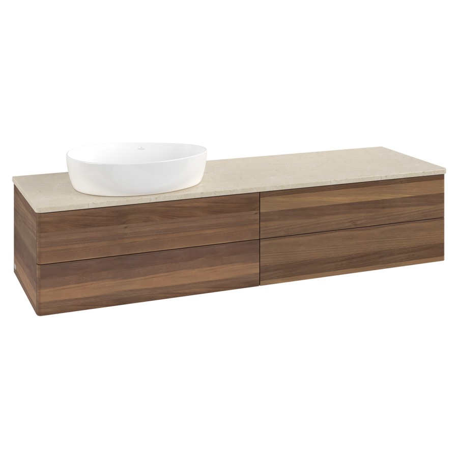 Élément inférieur  Antao
160 x 36 x 50 cm
2&nbsp;éléments de tiroir, 2&nbsp;tiroirs chacune
lavabo à gauche
avec siphon gain de place
avec matériel de fixation
pour 1 lavabo à poser 234171/234172/234173
recouvrement Botticino
sans trou pour robinet