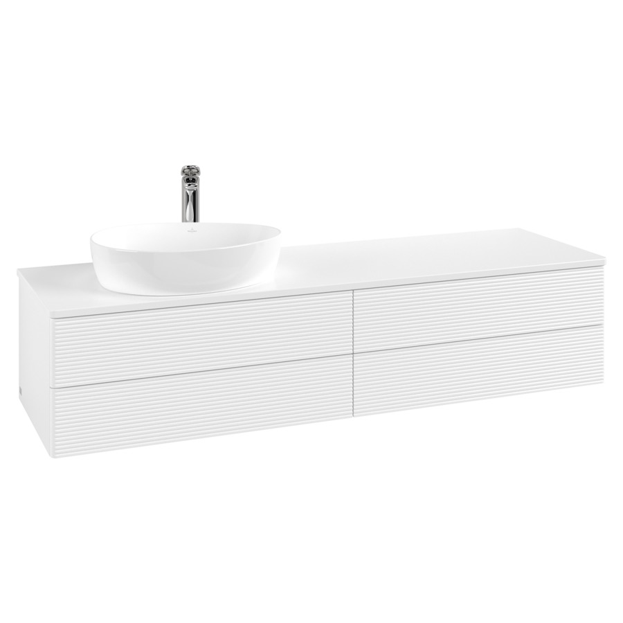 Élément inférieur  Antao
160 x 36 x 50 cm
2&nbsp;éléments de tiroir, 2&nbsp;tiroirs chacune
lavabo à gauche
avec siphon gain de place
avec matériel de fixation
pour 1 lavabo à poser 101037/101039/234171
recouvrement avec trou pour robinet