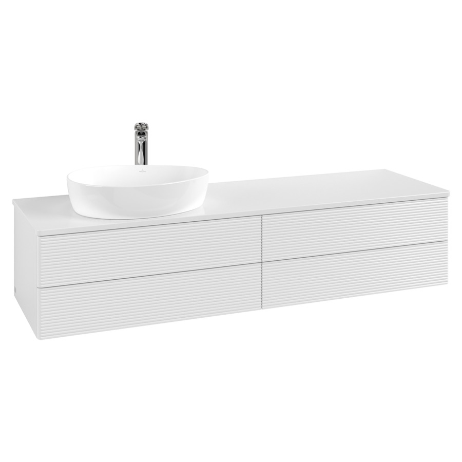 Élément inférieur  Antao
160 x 36 x 50 cm
2&nbsp;éléments de tiroir, 2&nbsp;tiroirs chacune
lavabo à gauche
avec siphon gain de place
avec matériel de fixation
pour 1 lavabo à poser 101037/101039/234171
recouvrement avec trou pour robinet