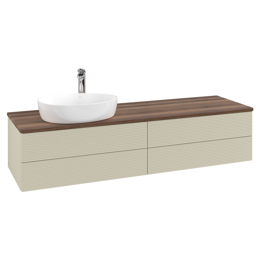 Élément inférieur  Antao
160 x 36 x 50 cm
2&nbsp;éléments de tiroir, 2&nbsp;tiroirs chacune
lavabo à gauche
avec siphon gain de place
avec matériel de fixation
pour 1 lavabo à poser 101037/101039/234171
recouvrement Warm Walnut, 1 trou pour robinet