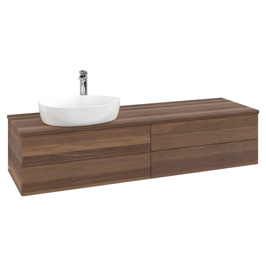Élément inférieur  Antao
160 x 36 x 50 cm
2&nbsp;éléments de tiroir, 2&nbsp;tiroirs chacune
lavabo à gauche
avec siphon gain de place
avec matériel de fixation
pour 1 lavabo à poser 101037/101039/234171
recouvrement Warm Walnut, 1 trou pour robinet