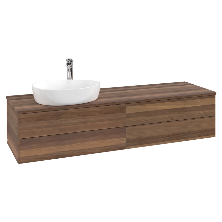 Élément inférieur  Antao
160 x 36 x 50 cm
2&nbsp;éléments de tiroir, 2&nbsp;tiroirs chacune
lavabo à gauche
avec siphon gain de place
avec matériel de fixation
pour 1 lavabo à poser 101037/101039/234171
recouvrement Warm Walnut, 1 trou pour robinet