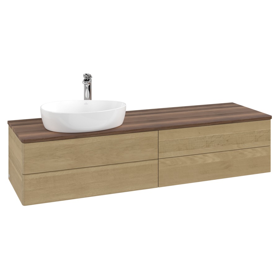Élément inférieur  Antao
160 x 36 x 50 cm
2&nbsp;éléments de tiroir, 2&nbsp;tiroirs chacune
lavabo à gauche
avec siphon gain de place
avec matériel de fixation
pour 1 lavabo à poser 101037/101039/234171
recouvrement Warm Walnut, 1 trou pour robinet