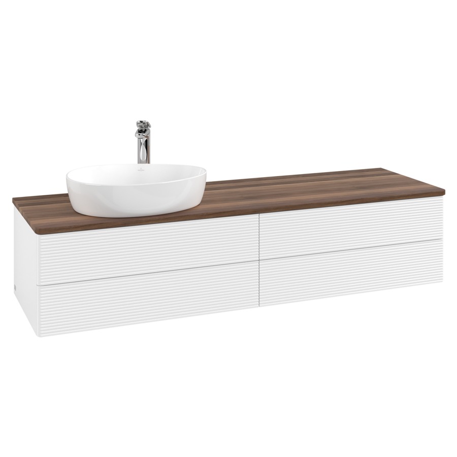 Élément inférieur  Antao
160 x 36 x 50 cm
2&nbsp;éléments de tiroir, 2&nbsp;tiroirs chacune
lavabo à gauche
avec siphon gain de place
avec matériel de fixation
pour 1 lavabo à poser 101037/101039/234171
recouvrement Warm Walnut, 1 trou pour robinet