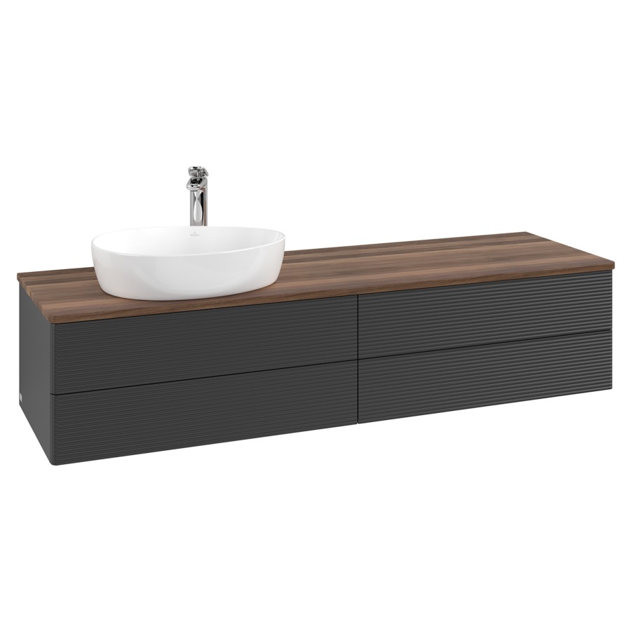 Élément inférieur  Antao
160 x 36 x 50 cm
2&nbsp;éléments de tiroir, 2&nbsp;tiroirs chacune
lavabo à gauche
avec siphon gain de place
avec matériel de fixation
pour 1 lavabo à poser 101037/101039/234171
recouvrement Warm Walnut, 1 trou pour robinet