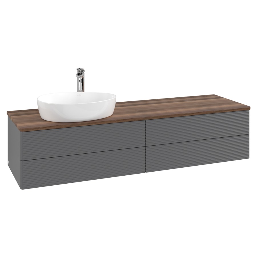 Élément inférieur  Antao
160 x 36 x 50 cm
2&nbsp;éléments de tiroir, 2&nbsp;tiroirs chacune
lavabo à gauche
avec siphon gain de place
avec matériel de fixation
pour 1 lavabo à poser 101037/101039/234171
recouvrement Warm Walnut, 1 trou pour robinet