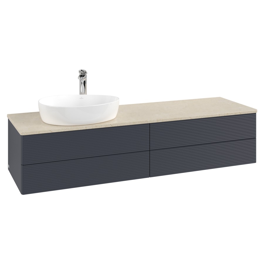 Élément inférieur  Antao
160 x 36 x 50 cm
2&nbsp;éléments de tiroir, 2&nbsp;tiroirs chacune
lavabo à gauche
avec siphon gain de place
avec matériel de fixation
pour 1 lavabo à poser 101037/101039/234171
recouvrement Botticino, 1 trou pour robinet