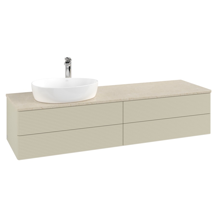Élément inférieur  Antao
160 x 36 x 50 cm
2&nbsp;éléments de tiroir, 2&nbsp;tiroirs chacune
lavabo à gauche
avec siphon gain de place
avec matériel de fixation
pour 1 lavabo à poser 101037/101039/234171
recouvrement Botticino, 1 trou pour robinet