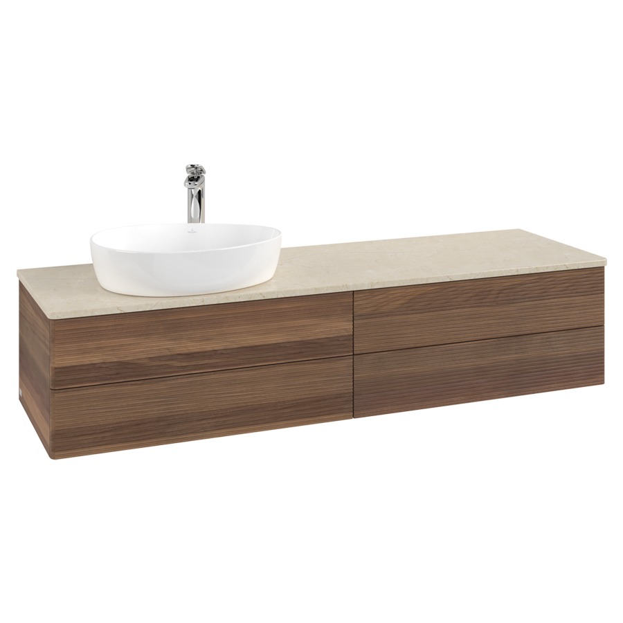 Élément inférieur  Antao
160 x 36 x 50 cm
2&nbsp;éléments de tiroir, 2&nbsp;tiroirs chacune
lavabo à gauche
avec siphon gain de place
avec matériel de fixation
pour 1 lavabo à poser 101037/101039/234171
recouvrement Botticino, 1 trou pour robinet